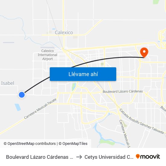 Boulevard Lázaro Cárdenas / Paseo Viñas Del Sol to Cetys Universidad Campus Mexicali map
