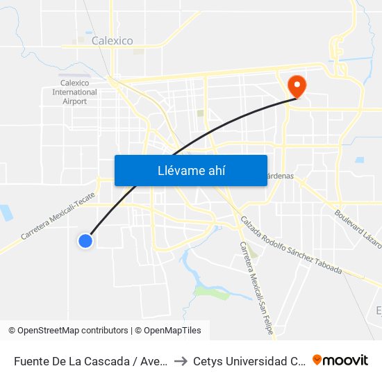 Fuente De La Cascada / Avenida Fuente De Diana to Cetys Universidad Campus Mexicali map