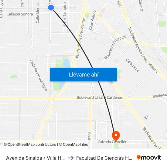 Avenida Sinaloa / Villa Hermosa to Facultad De Ciencias Humanas map