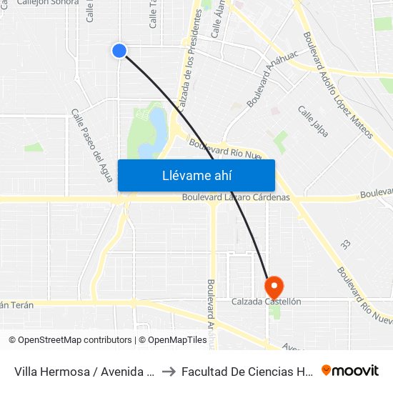 Villa Hermosa / Avenida Tlaxcala to Facultad De Ciencias Humanas map