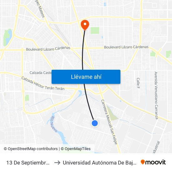 13 De Septiembre / De Las Toronjas to Universidad Autónoma De Baja California - Campus Mexicali map