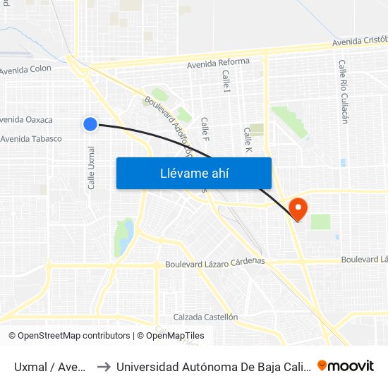 Uxmal / Avenida Puebla to Universidad Autónoma De Baja California - Campus Mexicali map