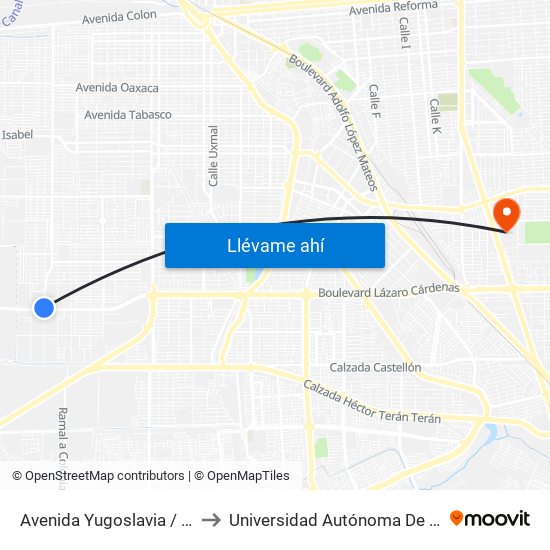 Avenida Yugoslavia / Boulevard Lázaro Cárdenas to Universidad Autónoma De Baja California - Campus Mexicali map