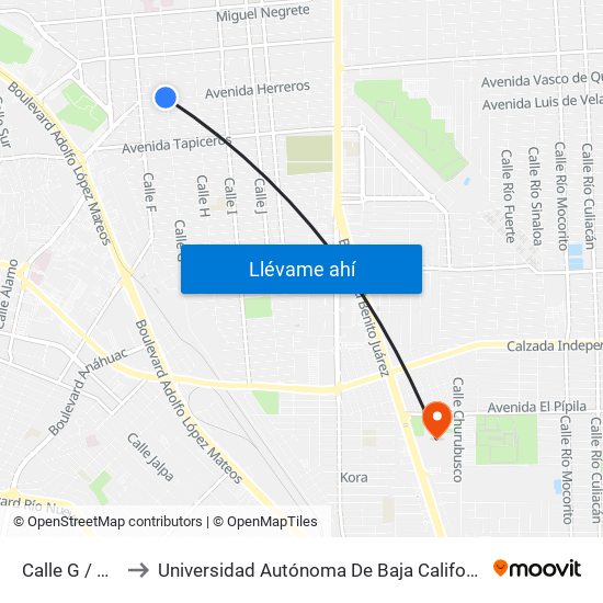 Calle G / Herreros to Universidad Autónoma De Baja California - Campus Mexicali map