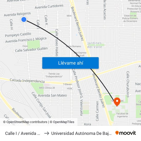 Calle I / Avenida José Sánchez Islas to Universidad Autónoma De Baja California - Campus Mexicali map