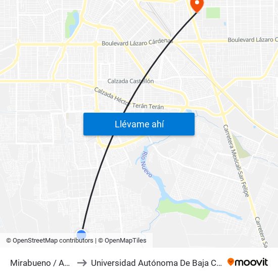 Mirabueno / Avenida Grañen to Universidad Autónoma De Baja California - Campus Mexicali map