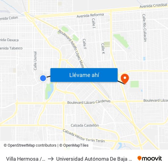 Villa Hermosa / Avenida Ixtlán to Universidad Autónoma De Baja California - Campus Mexicali map