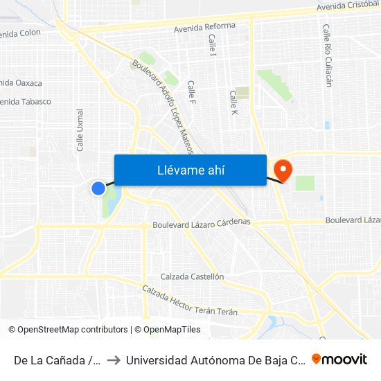 De La Cañada / Avenida Cima to Universidad Autónoma De Baja California - Campus Mexicali map