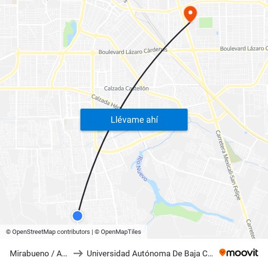 Mirabueno / Avenida Berreo to Universidad Autónoma De Baja California - Campus Mexicali map