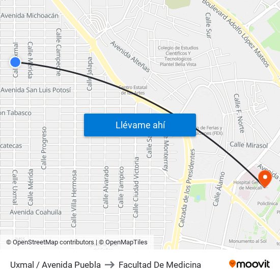 Uxmal / Avenida Puebla to Facultad De Medicina map