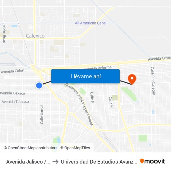Avenida Jalisco / Tuxtla Gutiérrez to Universidad De Estudios Avanzados Campus Cuauhtemoc map