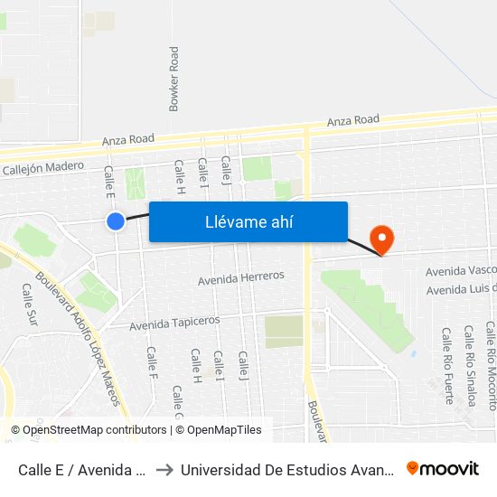 Calle E / Avenida Ignacio Zaragoza to Universidad De Estudios Avanzados Campus Cuauhtemoc map