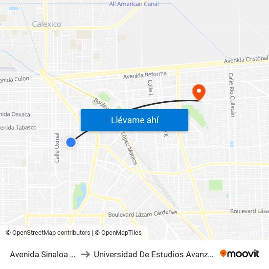Avenida Sinaloa / Villa Hermosa to Universidad De Estudios Avanzados Campus Cuauhtemoc map