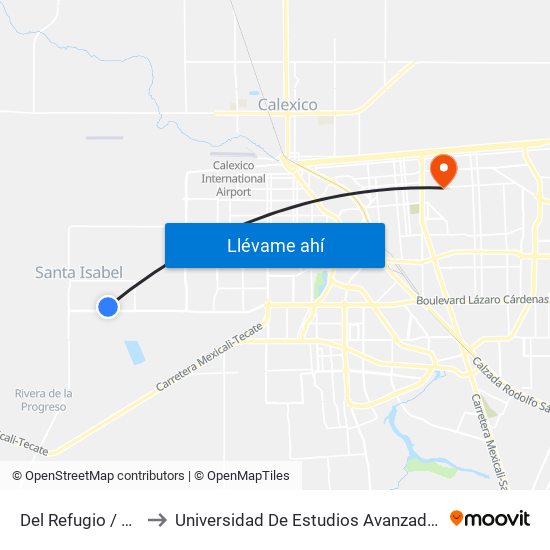Del Refugio / Monte Xanic to Universidad De Estudios Avanzados Campus Cuauhtemoc map
