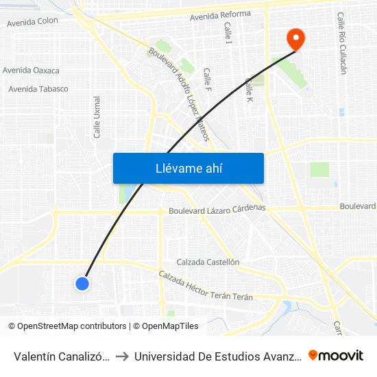 Valentín Canalizó / Los Capitanes to Universidad De Estudios Avanzados Campus Cuauhtemoc map