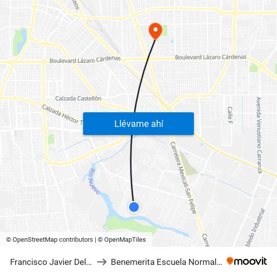 Francisco Javier Del Castillo / Del Futuro to Benemerita Escuela Normal Urbana Federal Fronteriza map