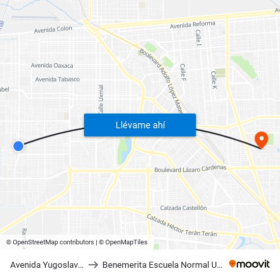 Avenida Yugoslavia / Psicólogos to Benemerita Escuela Normal Urbana Federal Fronteriza map