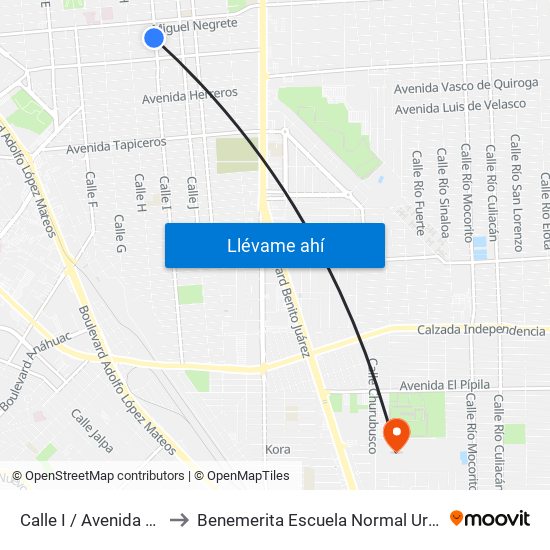 Calle I / Avenida Mariano Arista to Benemerita Escuela Normal Urbana Federal Fronteriza map