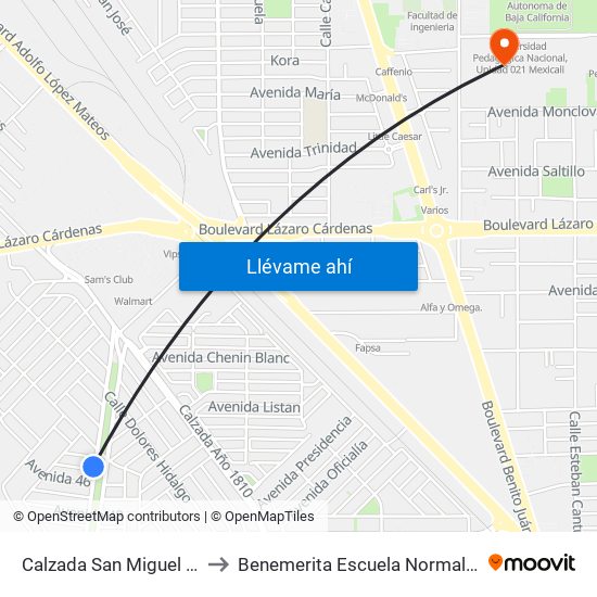 Calzada San Miguel El Grande / Calle 45 to Benemerita Escuela Normal Urbana Federal Fronteriza map