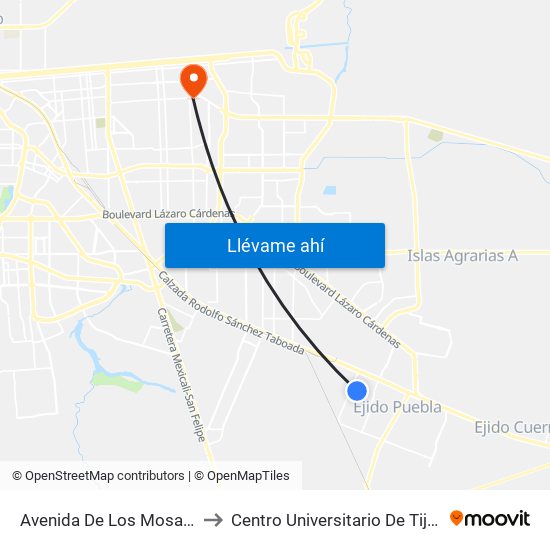 Avenida De Los Mosaicos / Tlaxcaltecas to Centro Universitario De Tijuana Campus Mexicali map