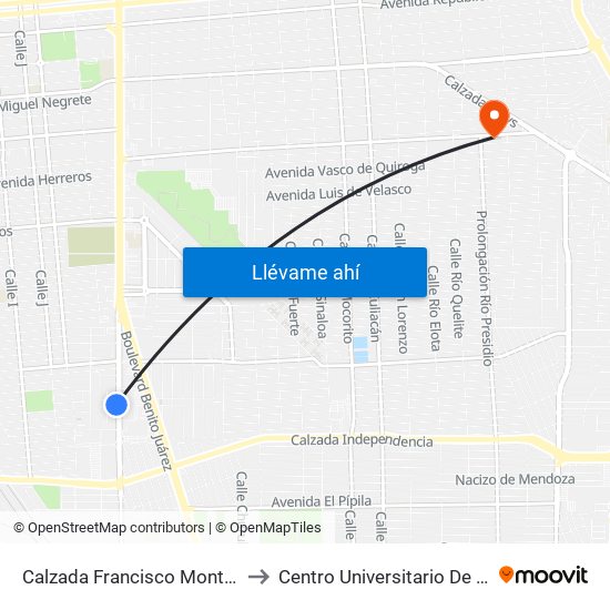 Calzada Francisco Montejano / Miguel Santa Cruz to Centro Universitario De Tijuana Campus Mexicali map