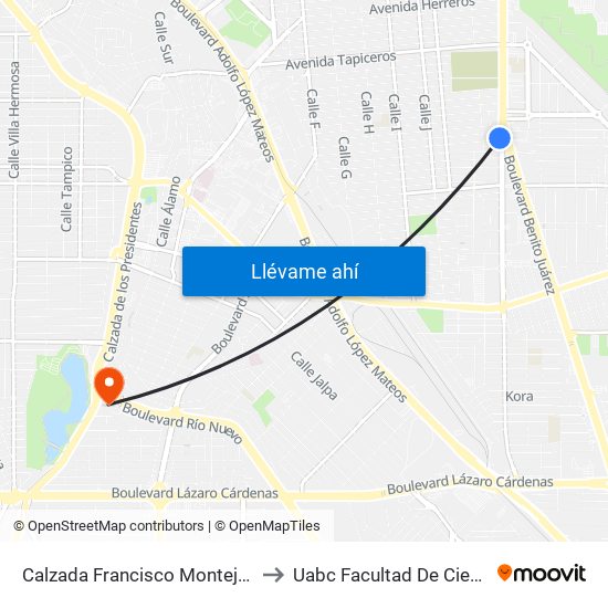 Calzada Francisco Montejano / Avenida Curtidores to Uabc Facultad De Ciencias Administrativas map