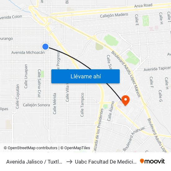 Avenida Jalisco / Tuxtla Gutiérrez to Uabc Facultad De Medicina Mexicali map