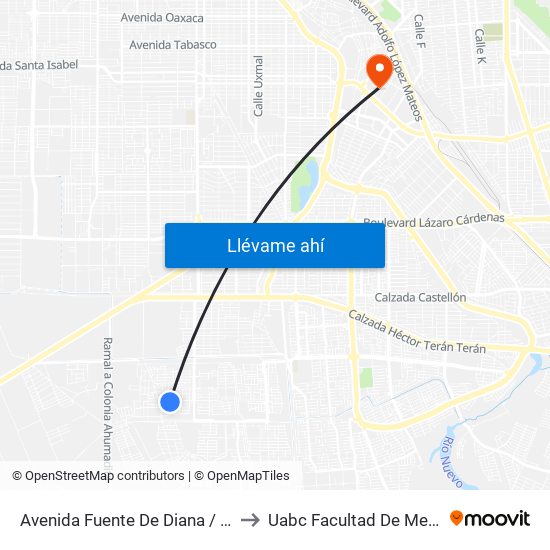 Avenida Fuente De Diana / Fuente De Trueno to Uabc Facultad De Medicina Mexicali map