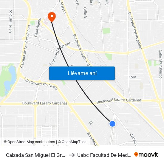 Calzada San Miguel El Grande / H. Norte to Uabc Facultad De Medicina Mexicali map