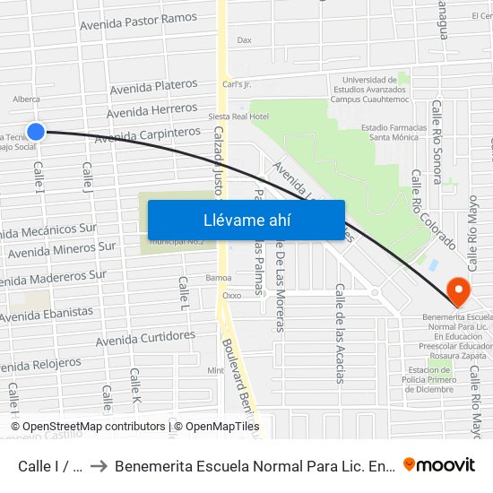 Calle I / Herreros Sur to Benemerita Escuela Normal Para Lic. En Educacion Preescolar Educadora Rosaura Zapata map