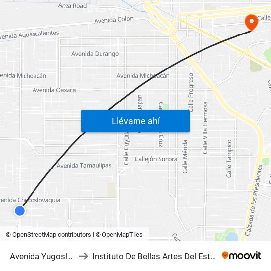 Avenida Yugoslavia / Grecia to Instituto De Bellas Artes Del Estado De Baja California map