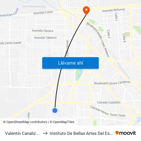 Valentín Canalizó / Federación to Instituto De Bellas Artes Del Estado De Baja California map
