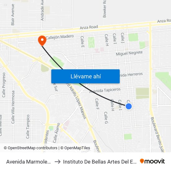 Avenida Marmoleros Sur / Calle J to Instituto De Bellas Artes Del Estado De Baja California map