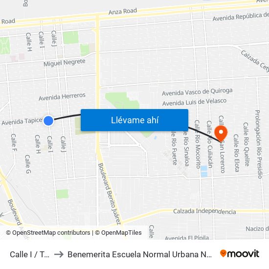 Calle I / Tapiceros Sur to Benemerita Escuela Normal Urbana Nocturna Del Estado Ing. Jose G. Valenzuela map