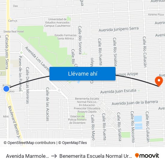 Avenida Marmoleros Sur / Calzada Justo Sierra to Benemerita Escuela Normal Urbana Nocturna Del Estado Ing. Jose G. Valenzuela map