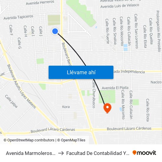 Avenida Marmoleros Sur / Calle L to Facultad De Contabilidad Y Administracion map