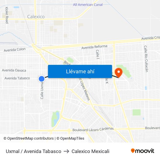 Uxmal / Avenida Tabasco to Calexico Mexicali map