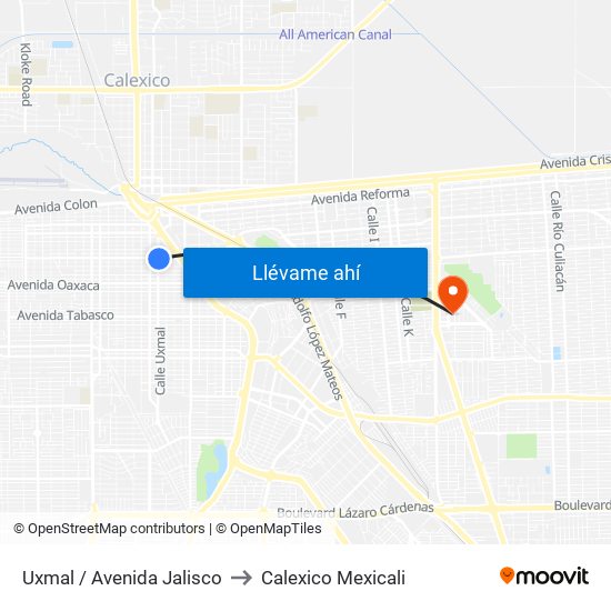 Uxmal / Avenida Jalisco to Calexico Mexicali map