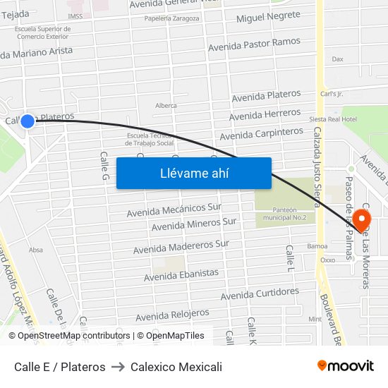 Calle E / Plateros to Calexico Mexicali map