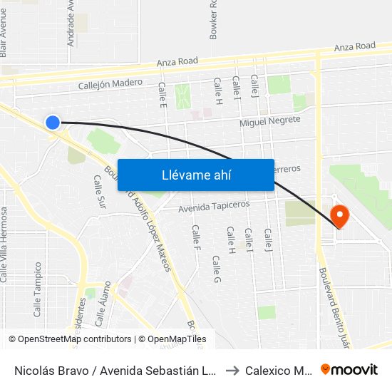 Nicolás Bravo / Avenida Sebastián Lerdo De Tejada to Calexico Mexicali map