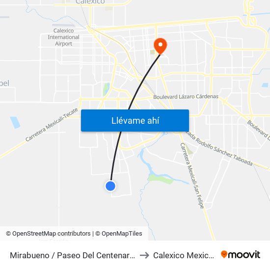 Mirabueno / Paseo Del Centenario to Calexico Mexicali map