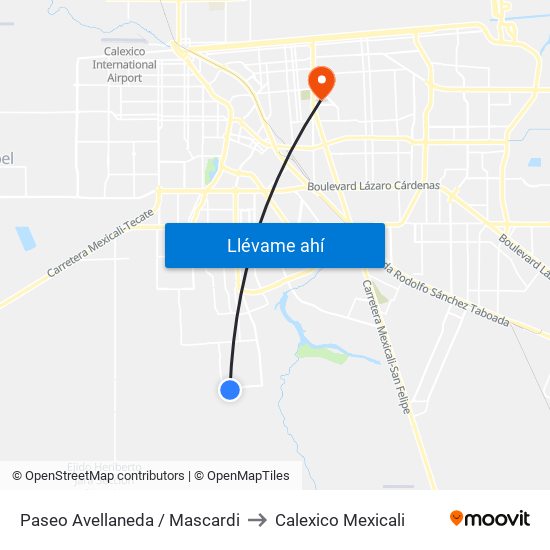 Paseo Avellaneda / Mascardi to Calexico Mexicali map
