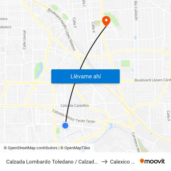 Calzada Lombardo Toledano / Calzada Laguna Xochimilco to Calexico Mexicali map