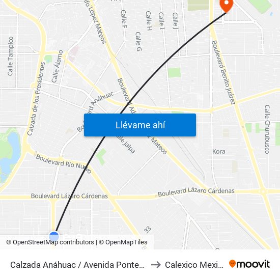 Calzada Anáhuac / Avenida Pontevedra to Calexico Mexicali map
