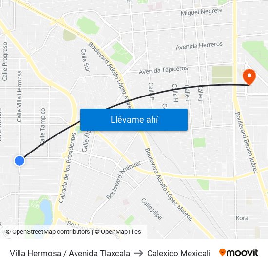 Villa Hermosa / Avenida Tlaxcala to Calexico Mexicali map