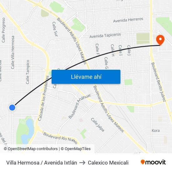Villa Hermosa / Avenida Ixtlán to Calexico Mexicali map