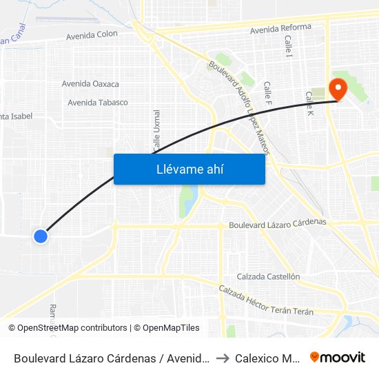 Boulevard Lázaro Cárdenas / Avenida Yugoslavia to Calexico Mexicali map