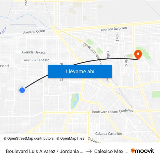 Boulevard Luis Álvarez / Jordania Norte to Calexico Mexicali map