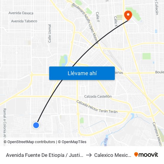 Avenida Fuente De Etiopía / Justicia to Calexico Mexicali map