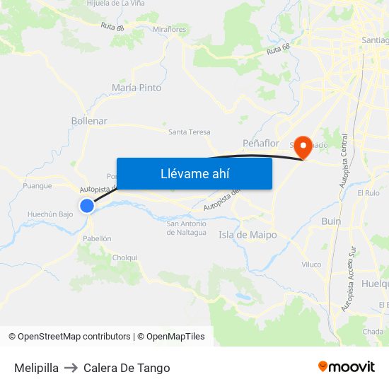 Melipilla to Calera De Tango map